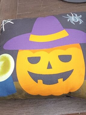 Halloween Pumpkin Witch Toss Pillow - Purple Hat Design. 14 By 14
